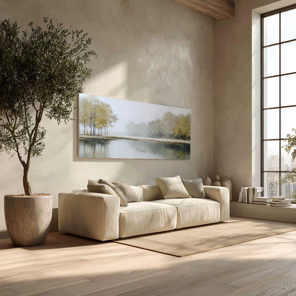 Misty Lakeside Acrylic Abstract Landscape Painting | Hand-Painted Canvas