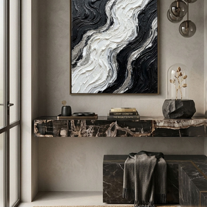 Black and White Abstract Curved Wave Impasto Wall Art Modern Thick Textured Knife Brush Stroked Painting Monochrome Flow Artwork Large Bold Minimalist Decor for Living Room Bedroom Office Dining Room Hallway
