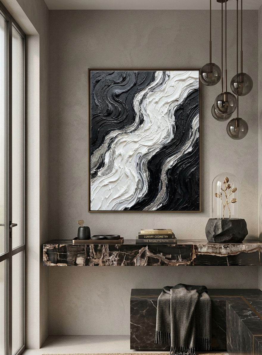 Black and White Abstract Curved Wave Impasto Wall Art Modern Thick Textured Knife Brush Stroked Painting Monochrome Flow Artwork Large Bold Minimalist Decor for Living Room Bedroom Office Dining Room Hallway