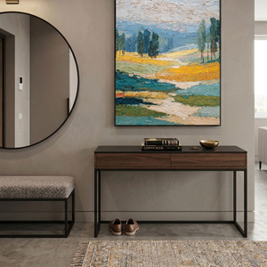 Thick Impasto Textured Landscape Wall Art – Warm Yellow Fields, Serene Blue Mountains & Water, Lush Green Trees, Soft Beige Sky – Elevate Modern Home Décor, Perfect for Living Room, Bedroom, Office, Dining Room, Hallway Ambiance