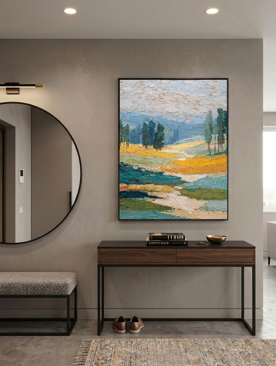 Thick Impasto Textured Landscape Wall Art – Warm Yellow Fields, Serene Blue Mountains & Water, Lush Green Trees, Soft Beige Sky – Elevate Modern Home Décor, Perfect for Living Room, Bedroom, Office, Dining Room, Hallway Ambiance