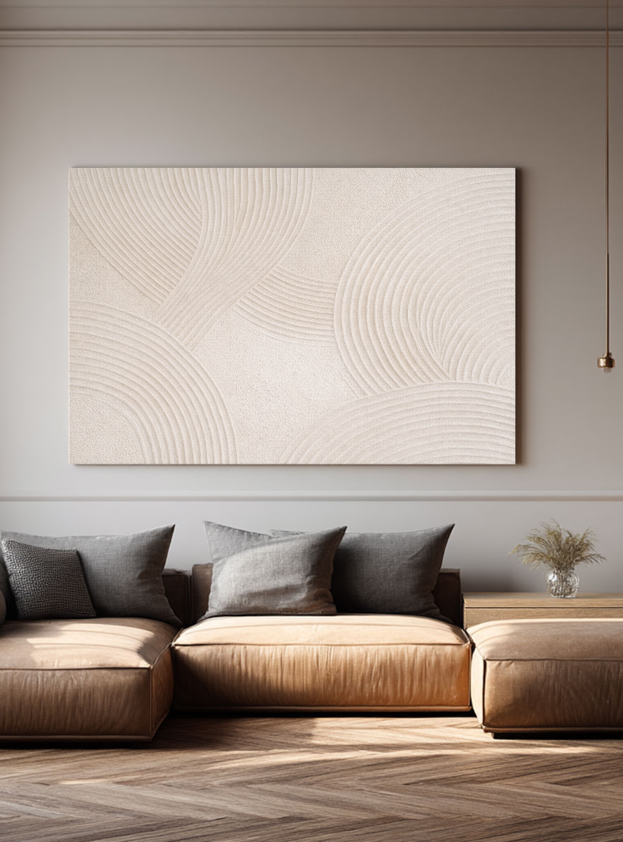 Minimalist Abstract Beige White Textured Geometric Arc Lines Framed Canvas Wall Art Neutral Modern Decor for Living Room Bedroom Office
