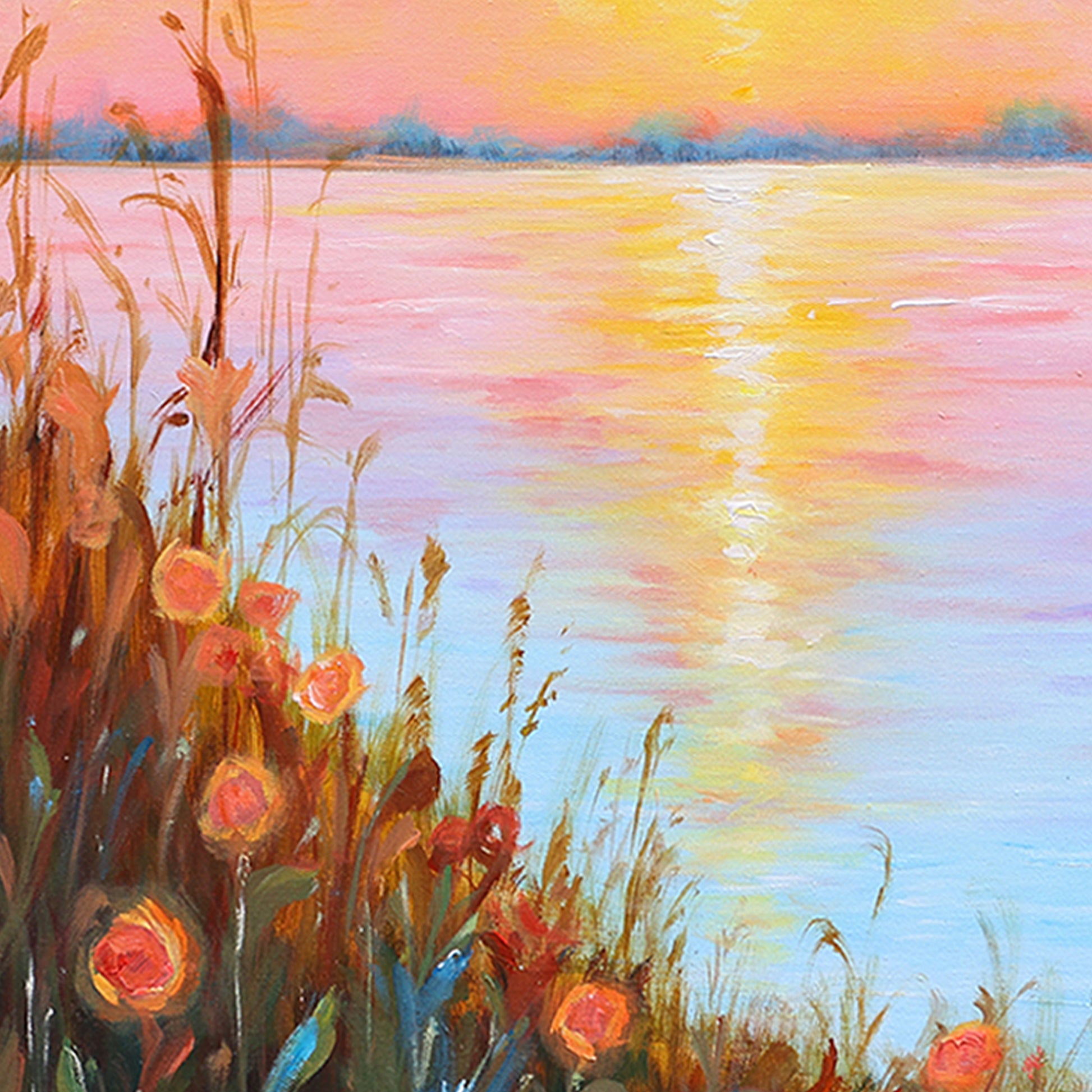 Landscape Wall Art | Lake Canvas Wall Art | Sunset Painting | Landscape Canvas Oil Painting #DF015
