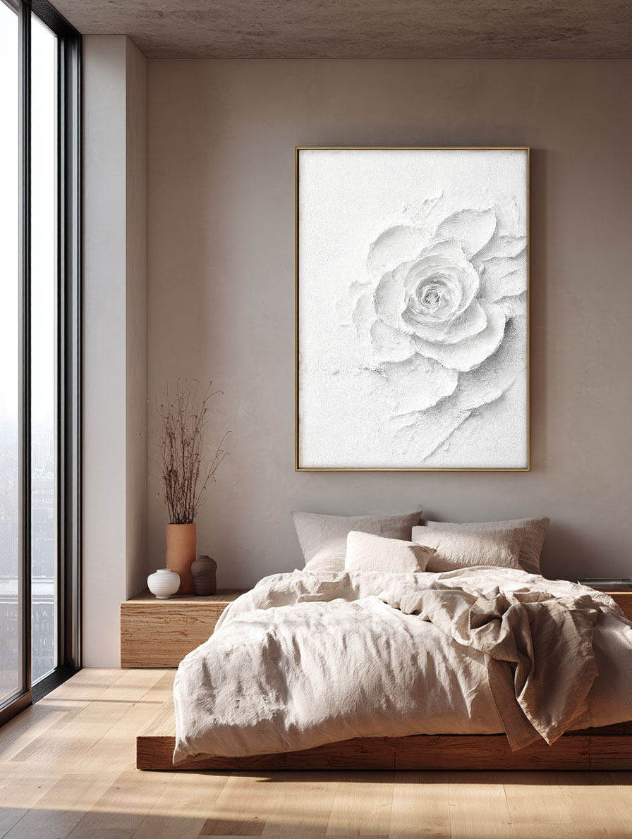 Minimalist White Textured 3D Rose Flower Impasto Wall Art Elegant Modern Neutral Decor for Living Room Bedroom Office