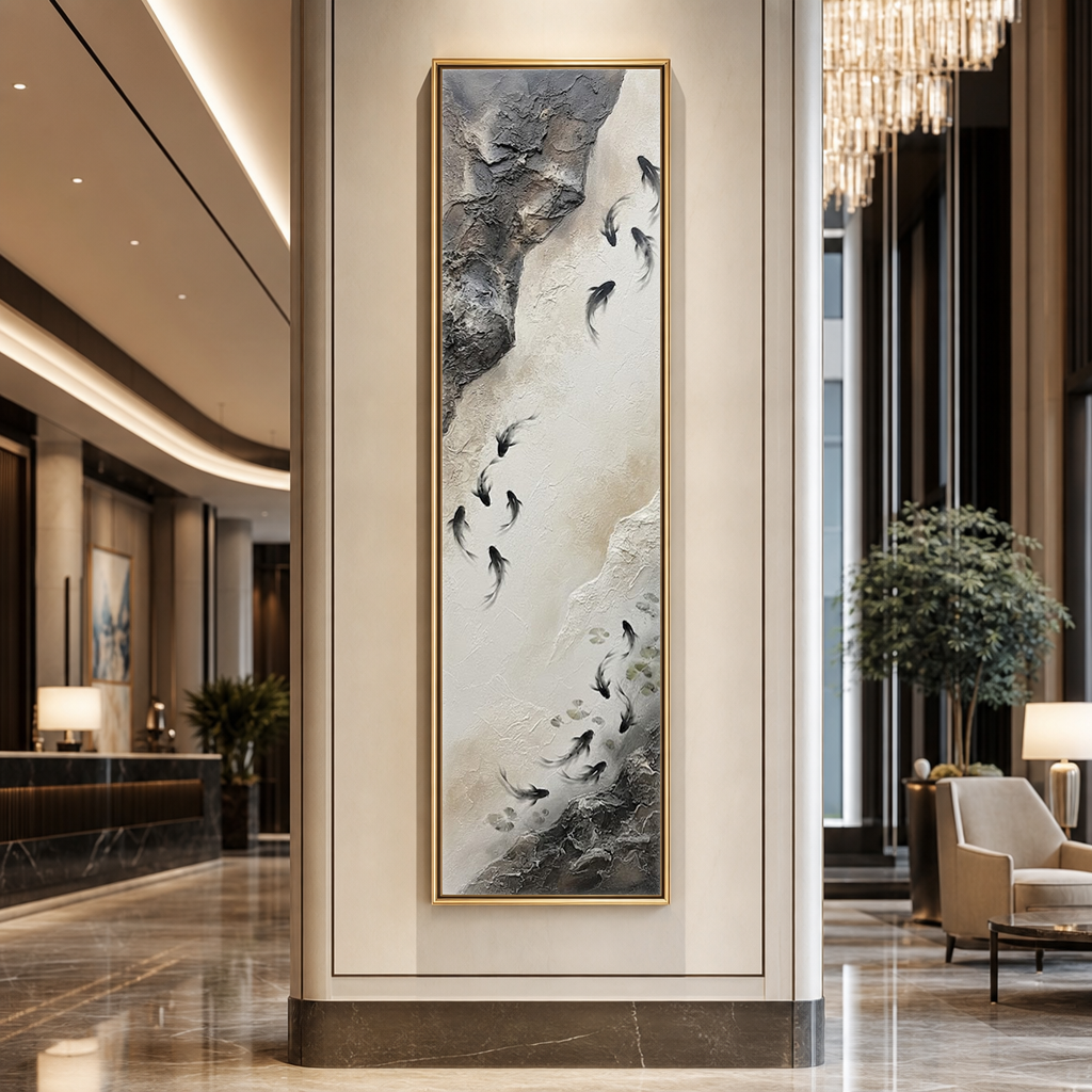 Minimalist Textured Koi Fish Vertical Framed Wall Art, Neutral Black White Beige Dark Grey Swimming Fish Nature Inspired Artwork for Modern Home Decor