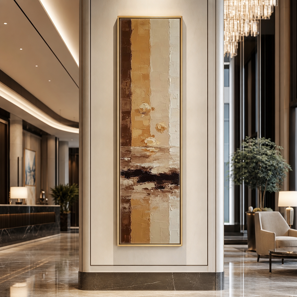 Vertical Earth Tones Impasto Abstract on a pillar in a grand hotel lobby