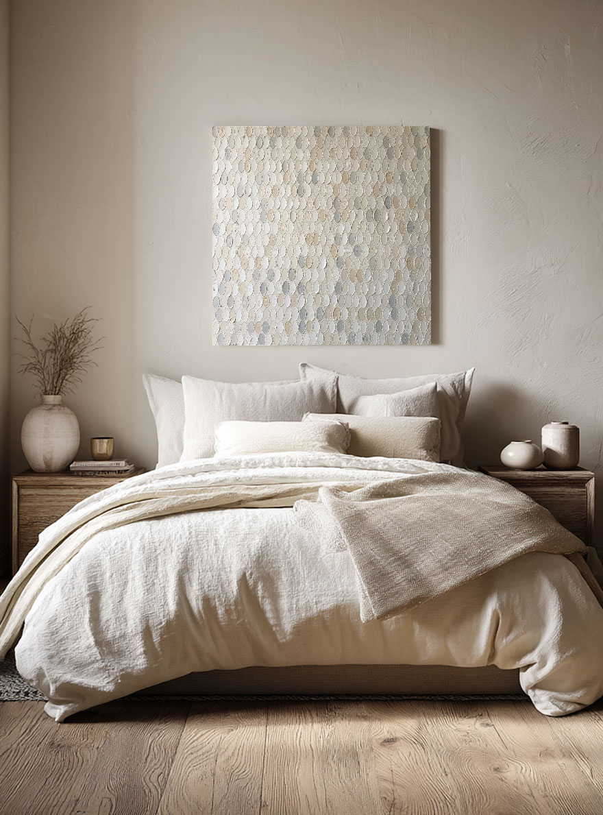 Minimalist Neutral Textured Abstract Oval Dot Impasto Wall Art, Soft White Beige Light Medium Grey Palette, Modern Calm Relaxing Painting for Contemporary Living Room Bedroom Office Dining Hallway Decor