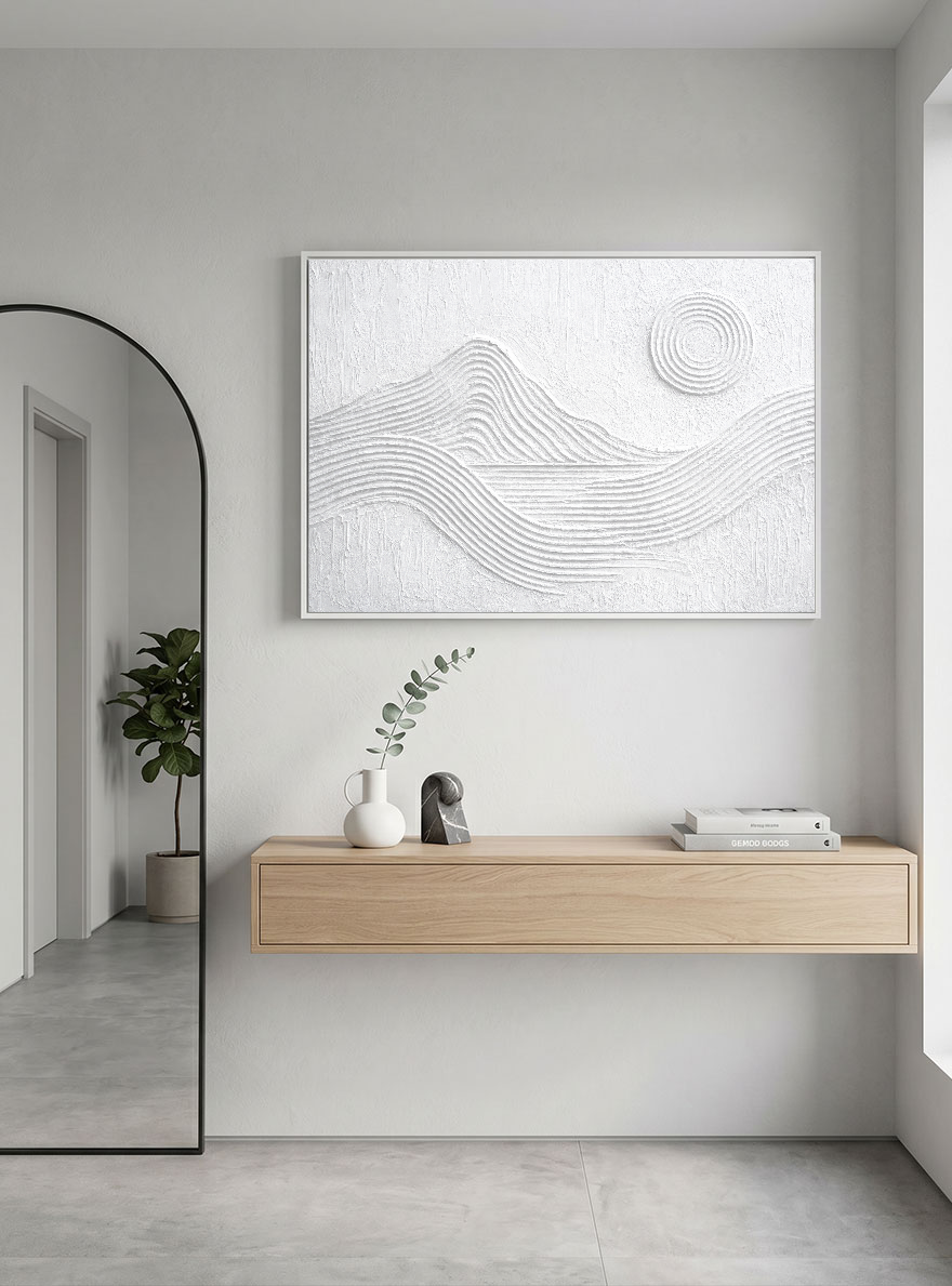 Minimalist White Textured Abstract Mountain Sun Line Landscape Framed Wall Art for Modern Contemporary Home Office Decor