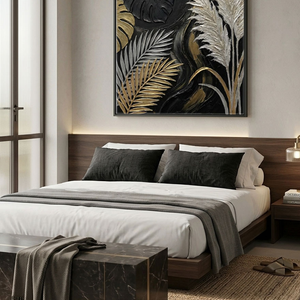 Black Gold White Beige Monstera Palm Pampas Grass Textured 3D Botanical Wall Art for Modern Luxury Home Living Room Bedroom Dining Room Office Hallway Decor