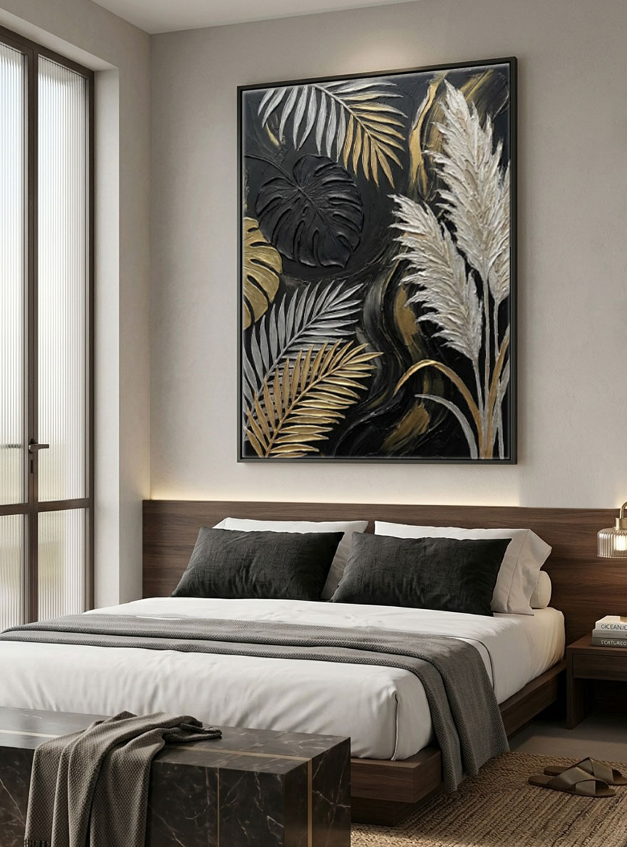 Black Gold White Beige Monstera Palm Pampas Grass Textured 3D Botanical Wall Art for Modern Luxury Home Living Room Bedroom Dining Room Office Hallway Decor