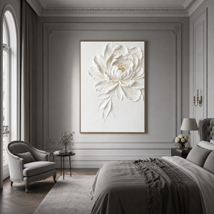 White Beige Gold Textured 3D Relief Vertical Flower Wall Art for Bedroom