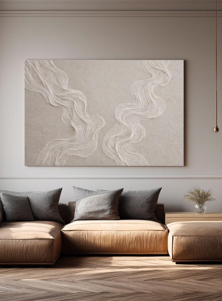 Minimalist Abstract Wavy Lines Textured Framed Canvas Wall Art Soft Neutral Beige White Subtle Organic Decor for Modern Living Room Bedroom Hallway Office Dining Room Cozy Wabi Sabi-Inspired Artwork