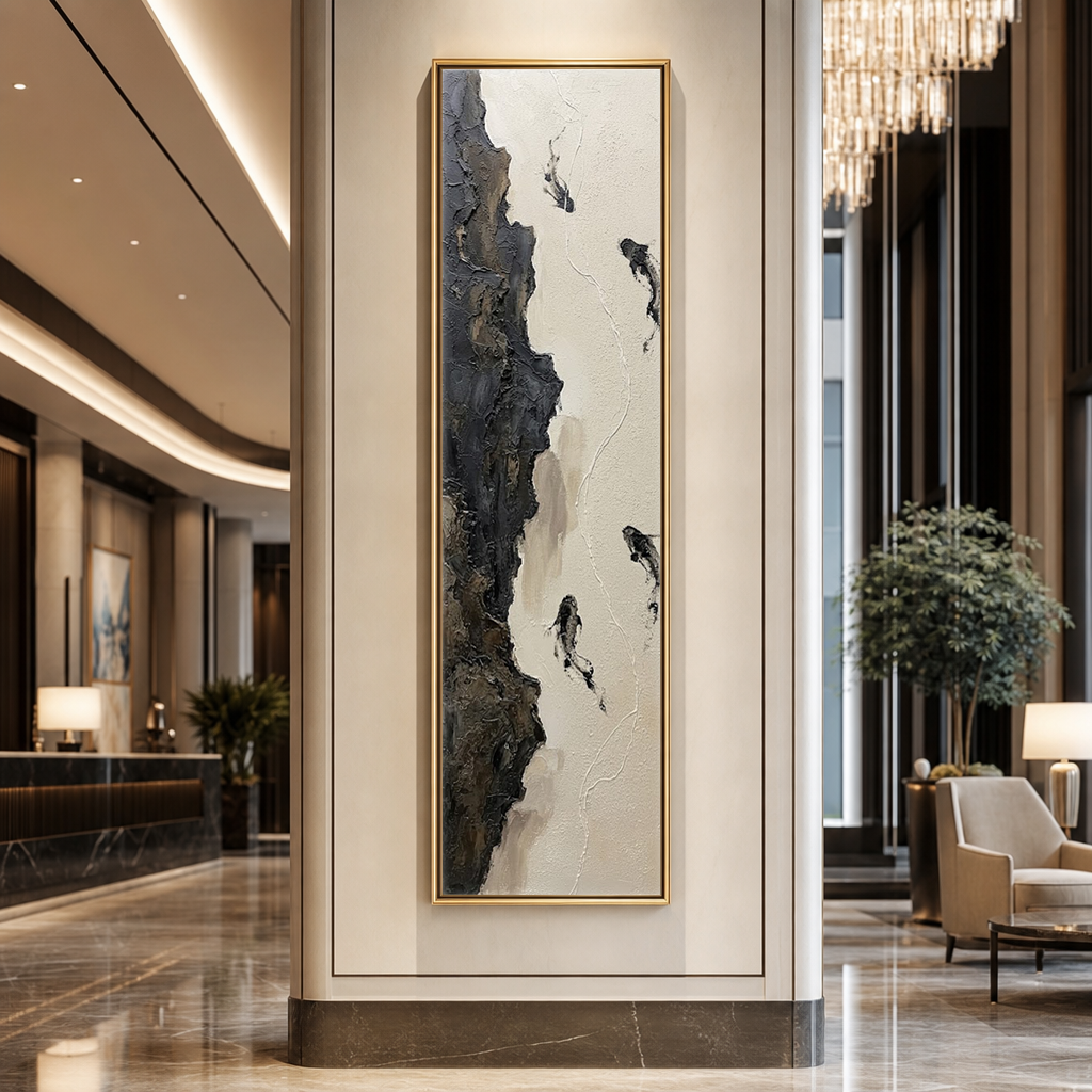 Abstract Black White Brown Beige Koi Fish Impasto Textured Vertical Wall Art Minimalist Nature-Inspired Framed Canvas, Perfect for Modern Home Office Living Room Bedroom Hallway Dining Room Decor