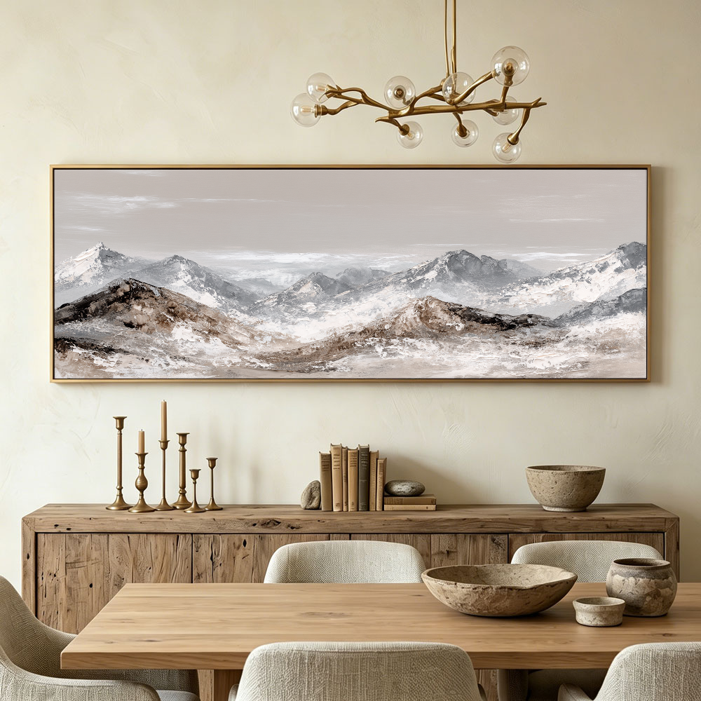 Serene Neutral Toned Mountain Range Stylized Landscape Framed Canvas Wall Art Textured Impasto Style for Modern Minimalist Rustic Home Decor Office Living Room Bedroom Dining Hallway