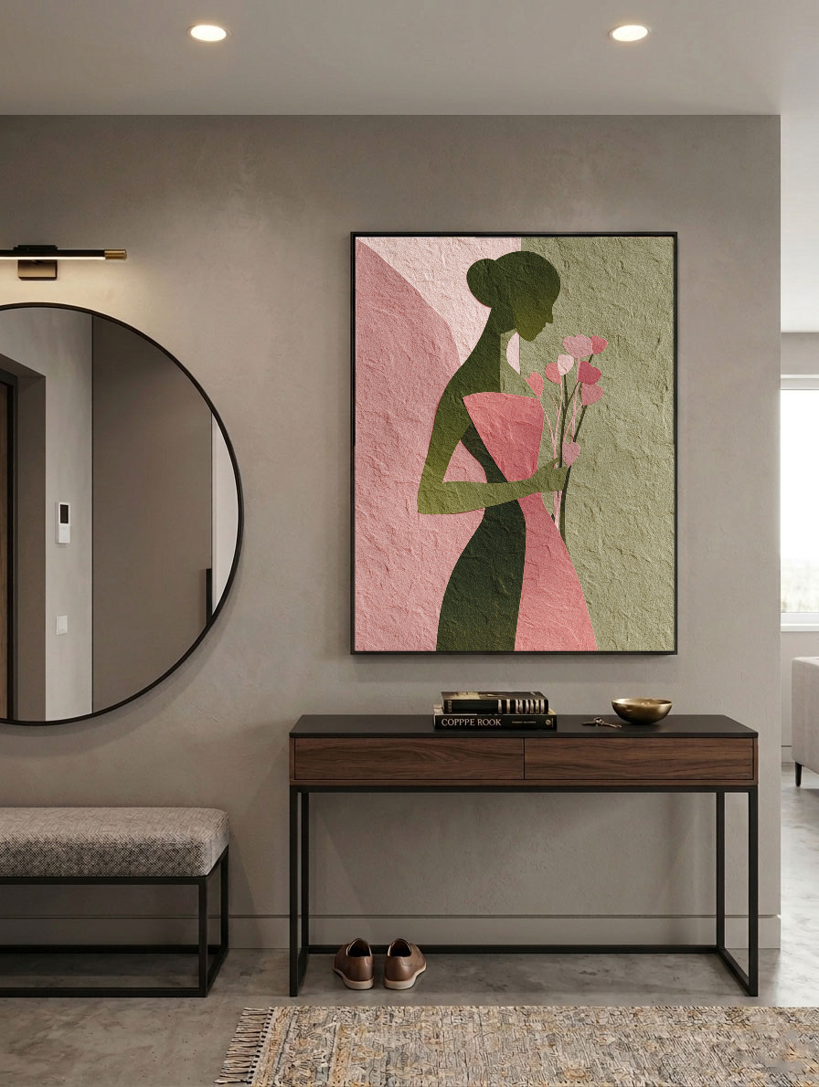 Abstract Minimalist Female Portrait Silhouette with Soft Pink Muted Green Tones, Holding Delicate Heart-Shaped Flower Stems Textured Canvas Print Wall Decor for Modern Home Office Styling