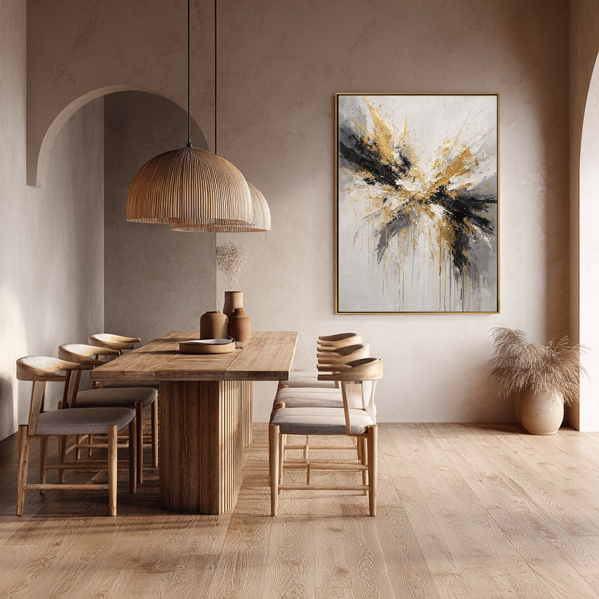 Modern Abstract Impasto Wall Art Gold Black White Medium Grey Splash Thick Knife Paint Textured Canvas Artwork Elegant Contemporary Decor for Living Room Bedroom Office Dining Room Hallway