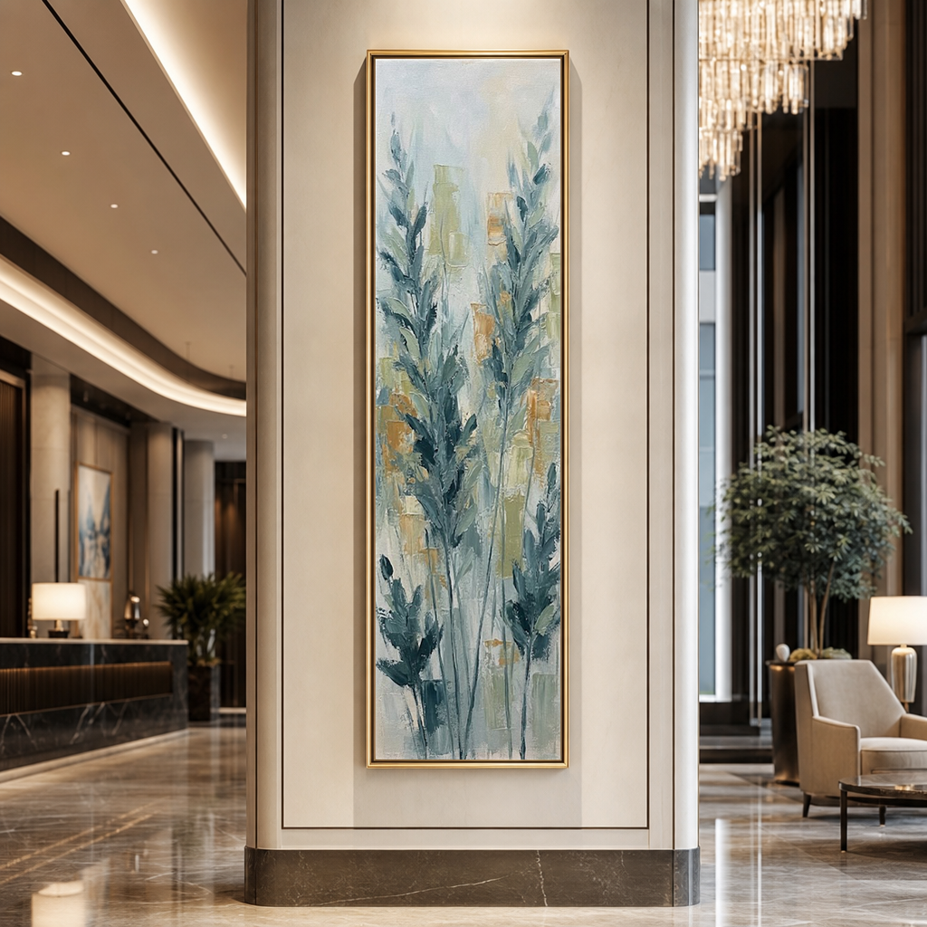 Narrow Vertical Framed Teal Blue Wheat Stalks Impasto Textured Wall Art with Beige White Gold Background for Modern Farmhouse Coastal Minimalist Living Spaces Hallway Bedroom Dining Room Office