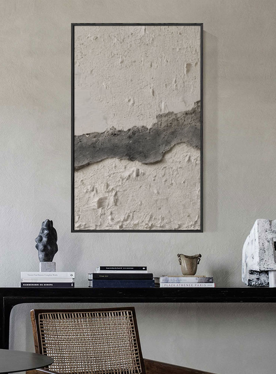 Minimalist Asymmetrical Textured Plaster Wall Art, Wabi Sabi Inspired Neutral Grey White Stucco Relief for Modern Interiors, Monochrome Abstract Office Hallway Bedroom Dining Living Room Decor