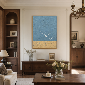 Abstract Blue Beige Vertical Textured Acrylic-Style Ocean And Sky Wall Art For Living Room