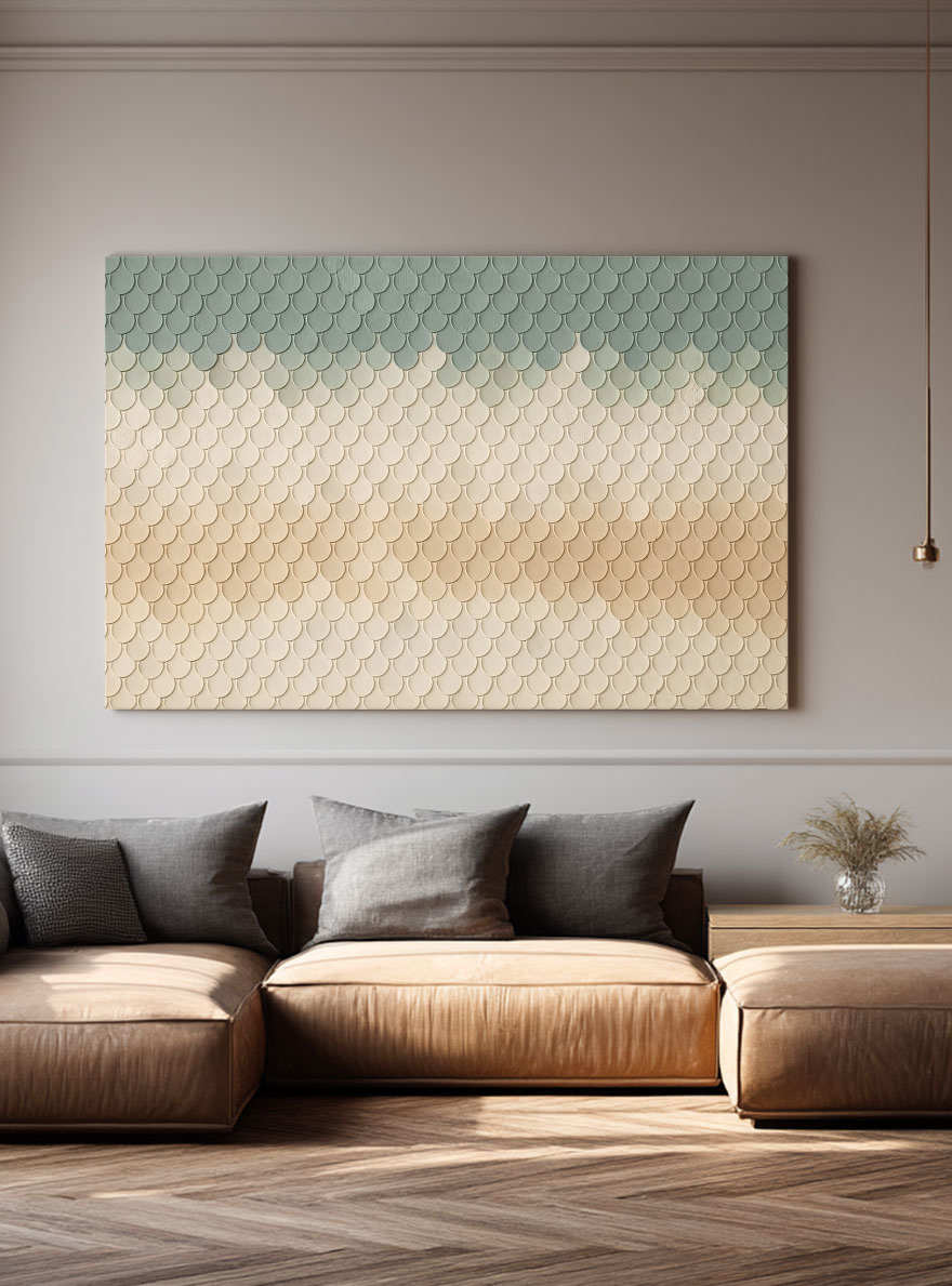 Sage Green and Beige Scallop Pattern Canvas Art - Hand-Painted 3D Relief
