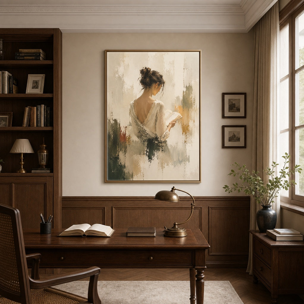 Serene Reader: Abstract Figurative Painting in Warm Tones in a classic office