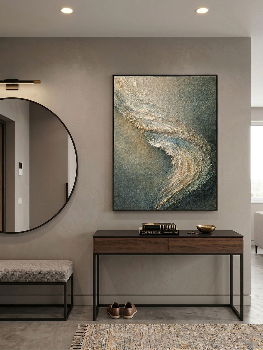Abstract Textured Impasto Wall Art Muted Dark Grey Beige Light Grey Curved Wave Canvas Modern Minimalist Home Decor for Living Room Bedroom Office Dining Room Hallway