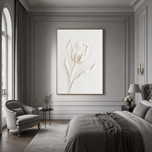 White and Subtle Beige Minimalist Plaster-style Textured Flower Vertical Wall Art for Living Room Bedroom