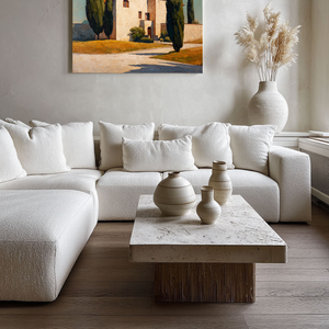 Modern Blue and Beige Tuscan Villa Textured Impasto Painting | Hand-Painted Canvas