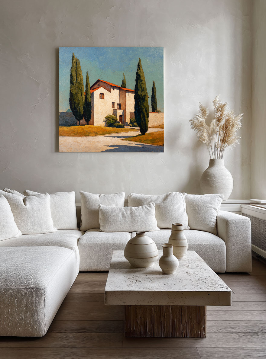 Modern Blue and Beige Tuscan Villa Textured Impasto Painting | Hand-Painted Canvas