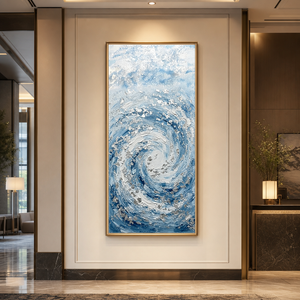 Modern Abstract Blue White Textured Ocean Swirl Impasto Wall Art Coastal Framed Canvas Painting for Living Room Bedroom Office Hallway Dining Room Thick Knife Brush Marks Relaxing Nautical Decor