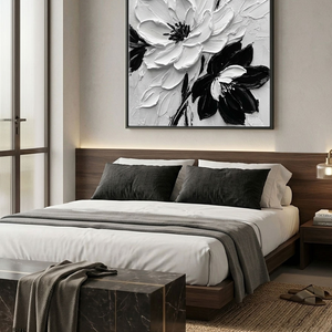 Black and White Textured Floral Wall Art Abstract Thick Paint Impasto Flower Painting Modern 3D Floral Artwork for Living Room Bedroom Dining Room Office Home Decor