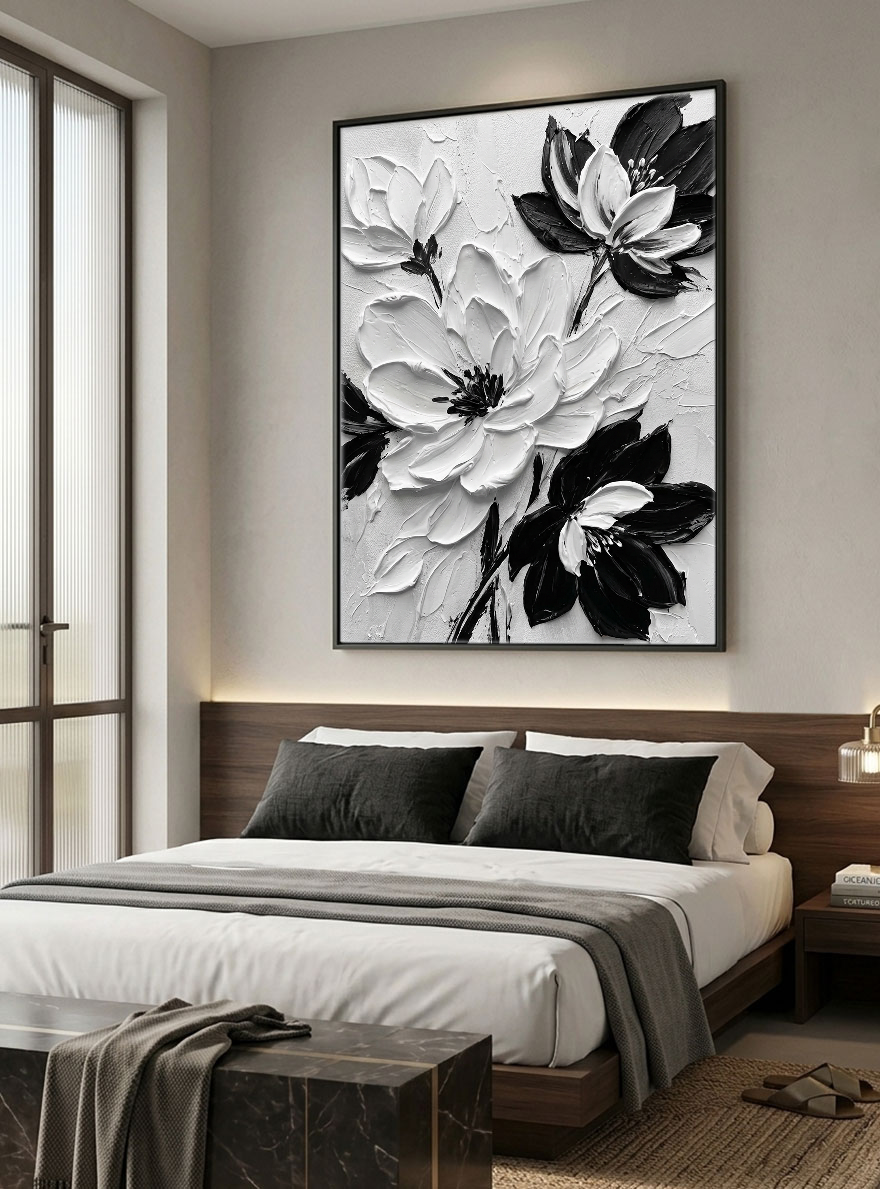 Black and White Textured Floral Wall Art Abstract Thick Paint Impasto Flower Painting Modern 3D Floral Artwork for Living Room Bedroom Dining Room Office Home Decor