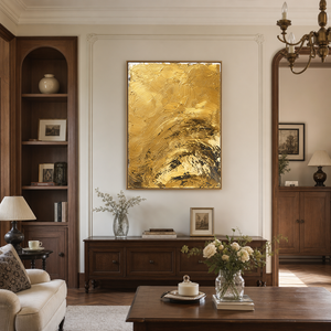 Abstract Gold and Black Textured Acrylic-Style Vertical Wall Art for Living Room