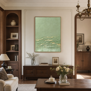 Textured Abstract Sage Green and Gold Plaster Texture Vertical Wall Art for Living Room