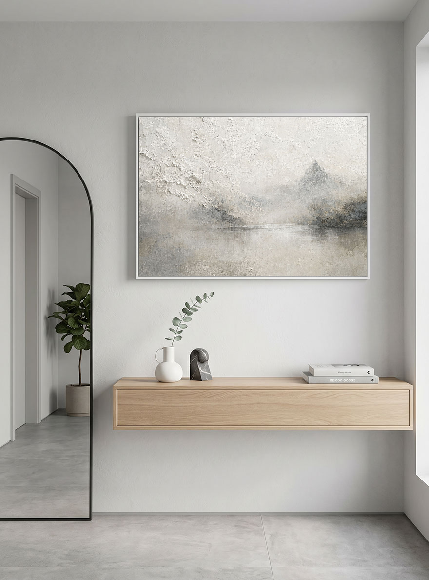 Minimalist Beige Bedroom Canvas Art - Textured Mountain Lake Painting