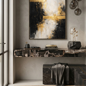 Bold Black Gold White Abstract Textured Wall Art – Modern Vertical Canvas Decor with Impasto Knife Brushwork, Contrast Metallic Lines for Contemporary Living Room Bedroom Office Dining Hallway