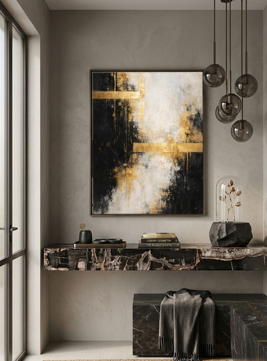 Bold Black Gold White Abstract Textured Wall Art – Modern Vertical Canvas Decor with Impasto Knife Brushwork, Contrast Metallic Lines for Contemporary Living Room Bedroom Office Dining Hallway