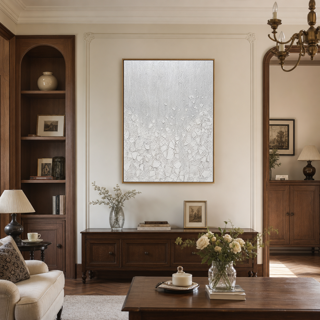 White Light Gray Textured Minimalist Abstract Vertical Wall Art for Living Room