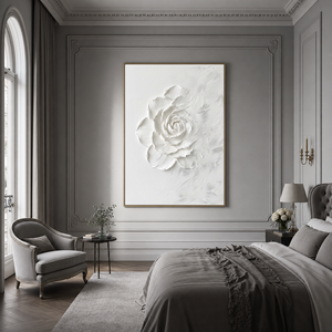 White Textured Flower Vertical Wall Art with Plaster-Style Texture for Living Room or Bedroom