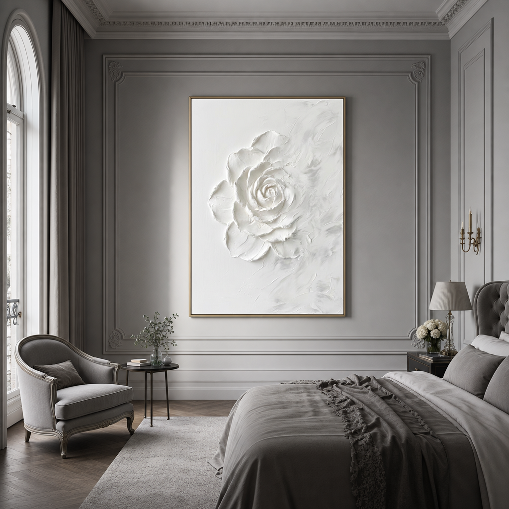 White Textured Flower Vertical Wall Art with Plaster-Style Texture for Living Room or Bedroom