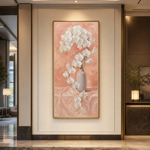 Cascading White Orchid Impasto on Blush Pink in luxurious hallway