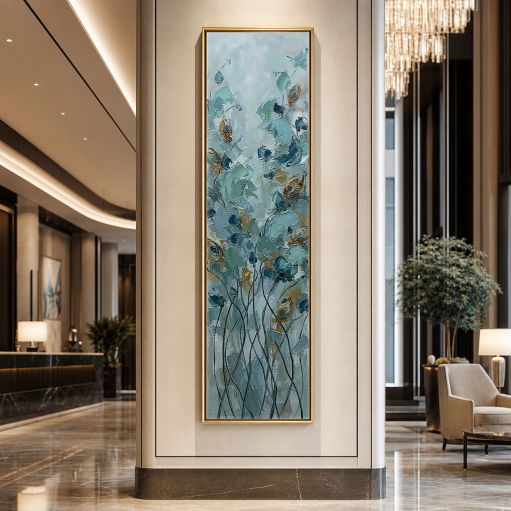 Tall Vertical Abstract Blue Beige Gold Floral Impasto Canvas Wall Art - Soft Muted Botanical Flower and Tree Artwork with Thick Knife Brush Paint Stacking, Minimal Elegant Textured Decor for Living Room Bedroom Office Hallway Dining Room