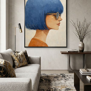Modern Portrait Woman with Blue Bob Hair Gold Sunglasses Framed Wall Art, Retro Chic Minimalist Female Profile Painting for Home Decor, Vibrant Blue Brown Beige White Artwork