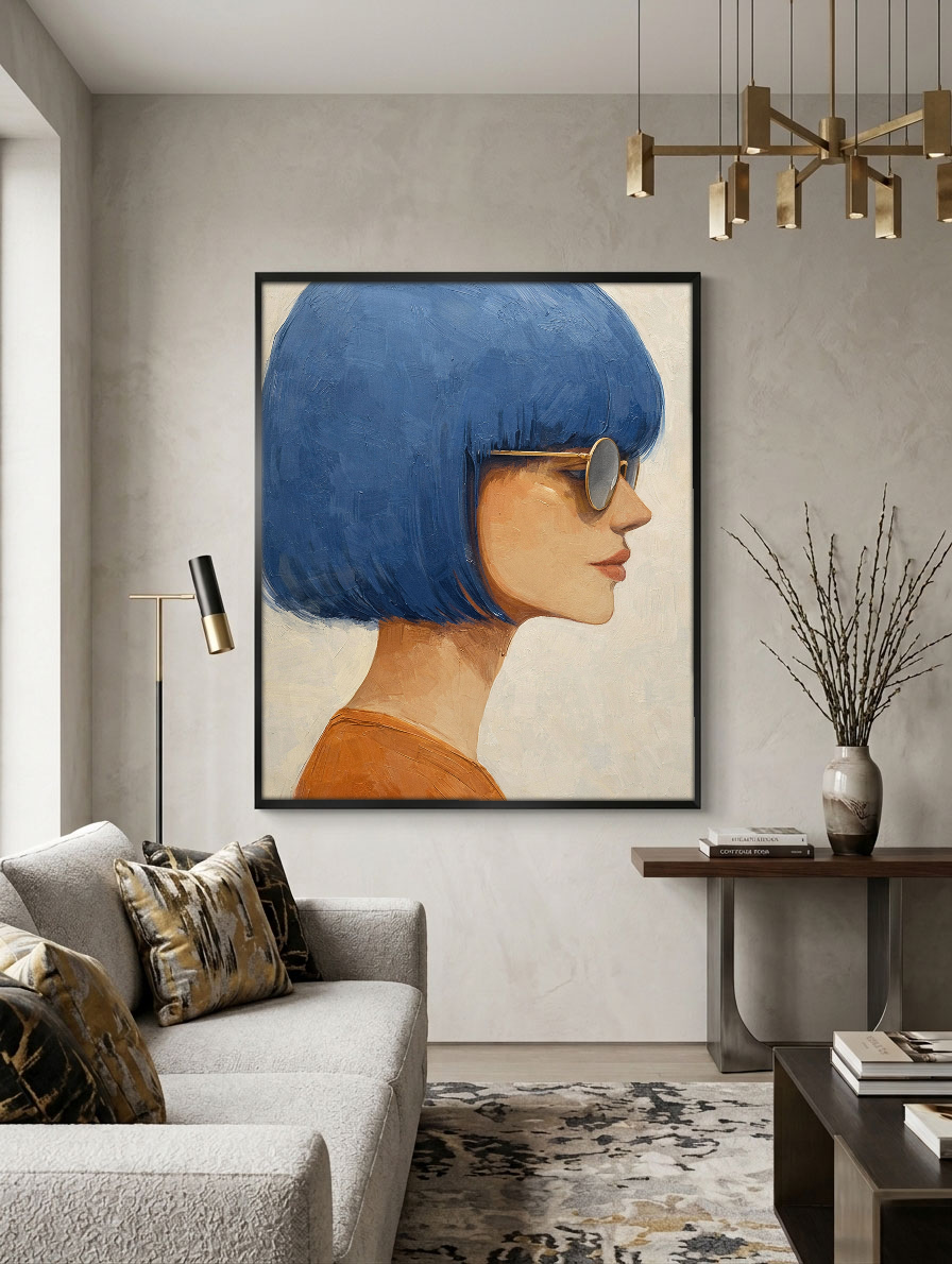 Modern Portrait Woman with Blue Bob Hair Gold Sunglasses Framed Wall Art, Retro Chic Minimalist Female Profile Painting for Home Decor, Vibrant Blue Brown Beige White Artwork