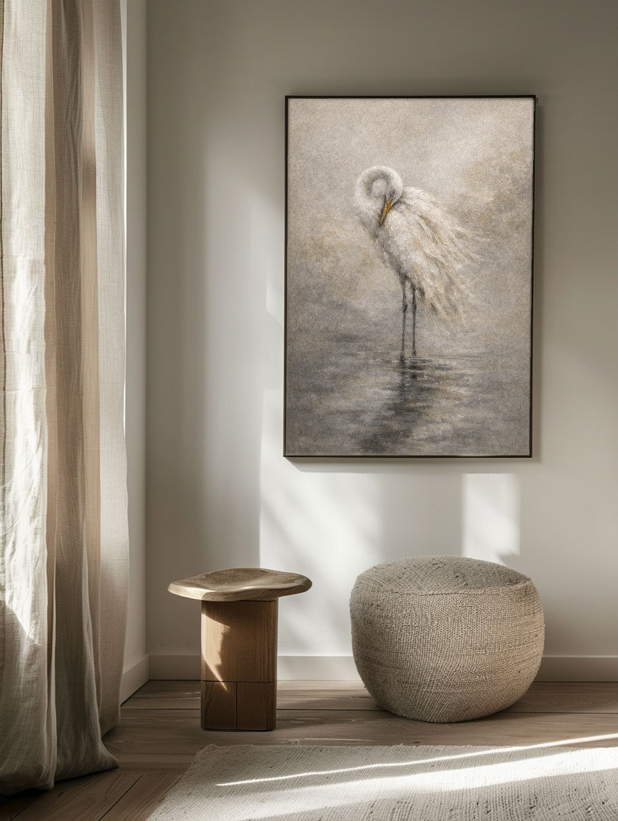 Vintage Muted White Egret Standing in Water Textured Wall Art Neutral Coastal Nature Animal Painting for Bedroom Living Room Dining Room Office Hallway