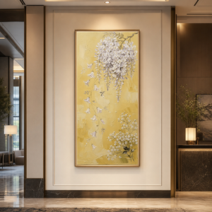 Elegant Vertical Wisteria and Baby's Breath Floral Wall Art, Soft Purple and White Cascading Blooms on Warm Yellow Background, Thick Impasto Textured Painting for Modern Home Decor Living Room Bedroom Office Dining Room Hallway