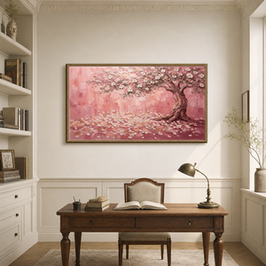 Pink Blossom Tree Impasto Art accentuating a home office with a white bookshelf