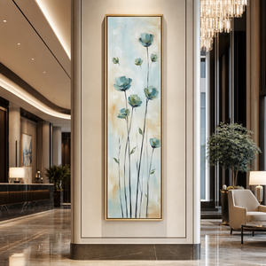 Abstract Floral Canvas Wall Art Soft Blue Beige Brown White Vertical Long Panel Botanical Painting Framed Minimalist Decor For Living Room Bedroom Dining Room Hallway Office