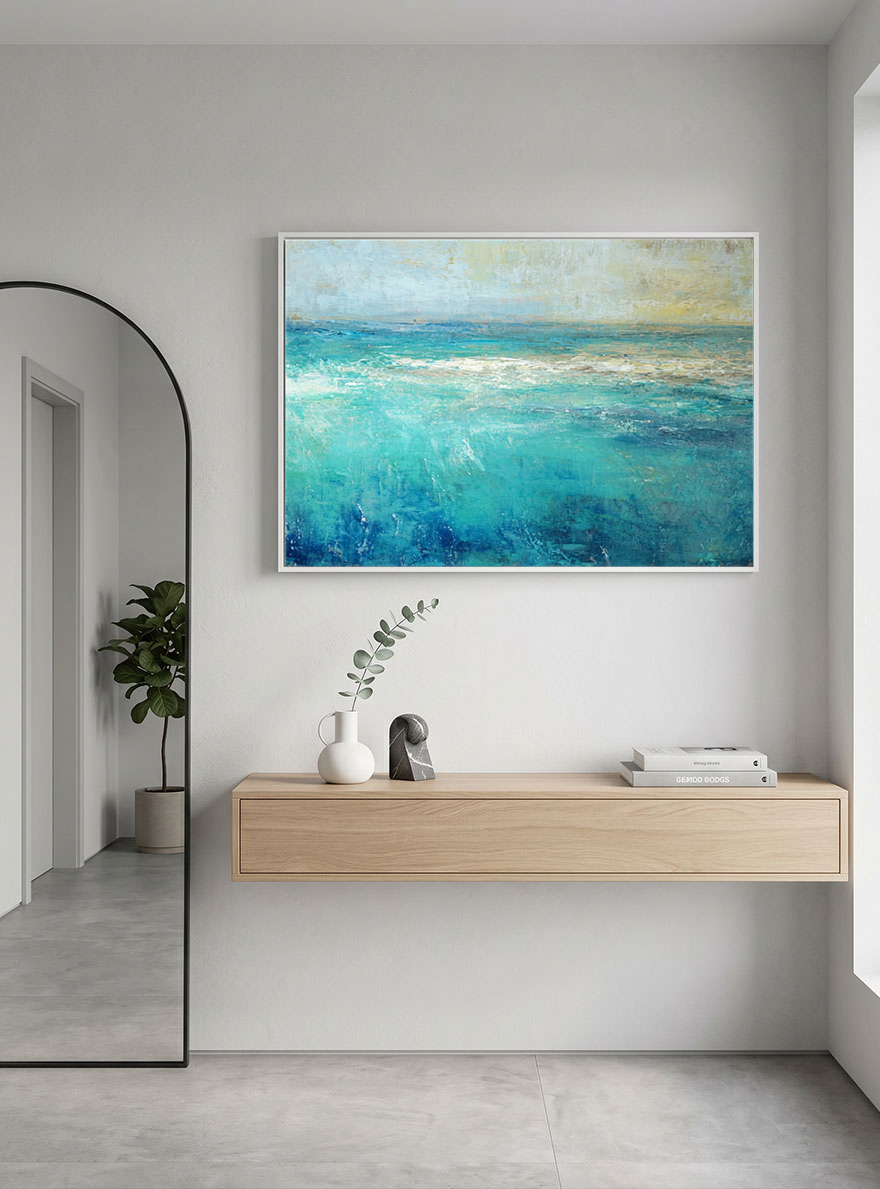 Abstract Coastal Ocean and Sky Textured Wall Art, Blue Green Beige White Impasto Painting, Modern Seascape Artwork for Living Room Bedroom Dining Room Hallway Office Decor