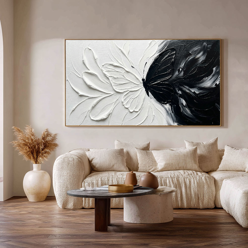 Black and White Butterfly Split Abstract Impasto Wall Art Thick Textured Palette Knife Contrast Artwork Modern Minimalist Contrast Painting for Home Living Room Bedroom Office Dining Room Hallway Decor#TW193